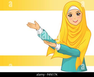 Qualitativ hochwertige Muslimin tragen gelbe Schleier mit Einladung Armen Stock Vektor