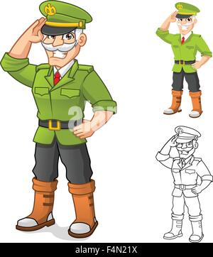 Hohe Qualität General Armee Cartoon-Figur mit Salute Hand Pose gehören flache Bauweise und skizziert Version Vektor-Illustration Stock Vektor