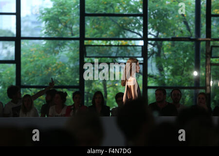 Sao Paulo, Brasilien. 19. Oktober 2015. Ein Modell stellt eine Schöpfung der Winterkollektion von Animale während der Sao Paulo Fashion Week in Sao Paulo, Brasilien, am 19. Oktober 2015. Bildnachweis: Rahel Patras/Xinhua/Alamy Live-Nachrichten Stockfoto