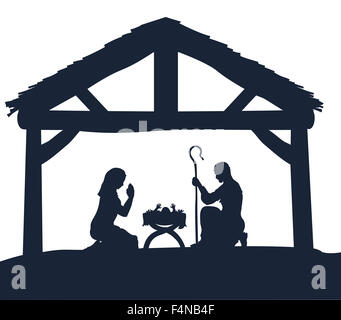 Traditionelle Weihnachtskrippe Baby Jesus in der Krippe mit Maria und Josef in der silhouette Stockfoto