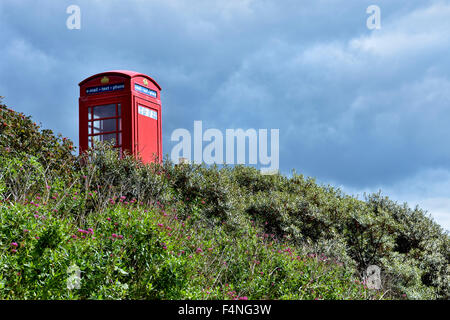 Alte rote Telefonzelle in South Devon, aufgenommen in der Nähe von Challaborough, UK Stockfoto