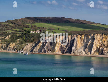 Alum Bay Klippen und Headon Warren von Tennyson Down, Isle of Wight, England, Großbritannien Stockfoto