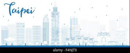 Skizzieren Sie mit blauen Sehenswürdigkeiten Taipei Skyline. Vektor-Illustration. Business-Reisen und Tourismus-Konzept mit modernen Gebäuden. Stock Vektor