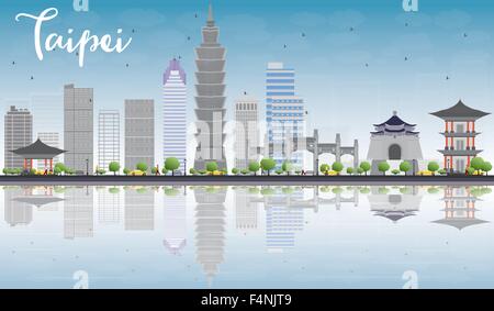 Taipei Skyline mit grauen Wahrzeichen, blauer Himmel und Reflexion. Vector Illustration. Business Travel und Tourismus konzept mit Platz Stock Vektor
