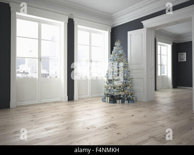 geschmückter Weihnachtsbaum mit vielen Geschenken. 3D-Rendering Stockfoto