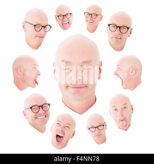 Vielzahl von lustige Ausdrücke ein glatzköpfiger Mann Stockfoto