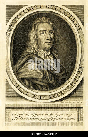 Frontispiz Portrait von Captain Lemuel Gulliver von "Reisen in mehrere Remote-Nationen der Welt" besser bekannt als "Gullivers Reisen" von Jonathan Swift (1667-1745). Siehe Beschreibung für mehr Informationen. Stockfoto