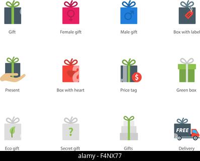 Geschenkkartons Farbe Symbole auf weißem Hintergrund. Stock Vektor