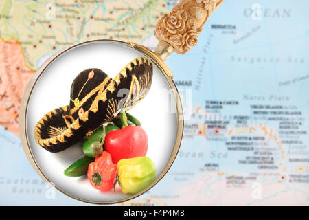Suchen in auf eine mexikanische Küche mit einem unscharfen Karte der Karibik im Hintergrund Stockfoto