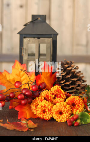 Herbst oder Herbst Blumen, Tannenzapfen und Beeren mit orange Blätter und Laterne auf einem Vintage Holz-Hintergrund Stockfoto