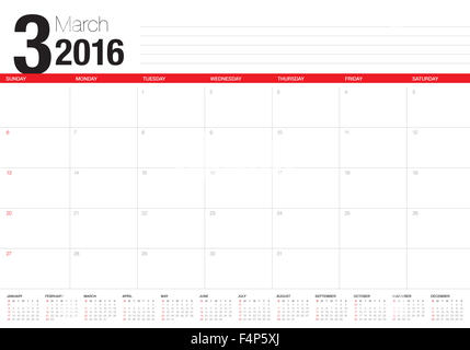 Einfache Tabelle Kalender für das Jahr 2016 Stockfoto