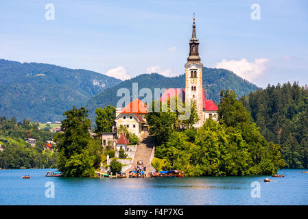 BLED, Slowenien - 1. August 2015 - berühmte katholische Kirche auf Insel Bled See mit Touristen und Boote auf August Stockfoto