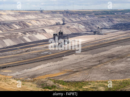 Schaufelrad Bagger in den Kratern Landschaft des Feldes, Tagebau Garzweiler, Deutschlands größte Tagebau Grube. Stockfoto