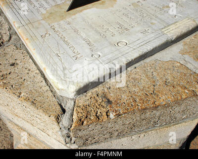 Fragment der alten Sonnenuhr Ziffernblatt. Auf eine Marmorplatte mit Nummern und Namen der Monate in russischer Sprache eingraviert. Stockfoto