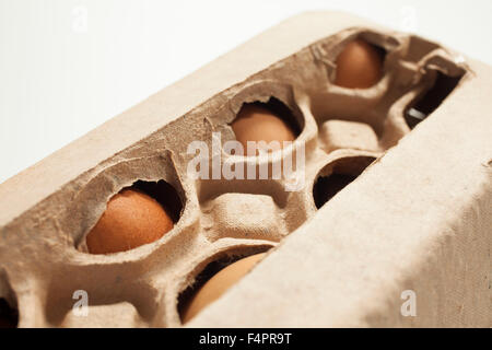 Frische Freilandeier in Recycling-Papier-Karton. Stockfoto