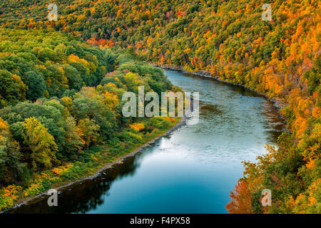 Delaware River beugt sich über einen bunten Herbstwald, in der Nähe von Port Jervis, New York Stockfoto