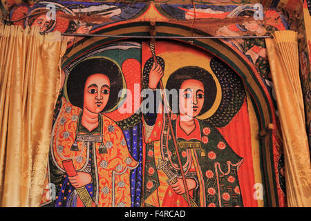 Region Amhara, runde Kirche Azoa Mariam auf der Halbinsel Zeghie in Tana-See, Tsanalake oder Dembealake, Wand-Gemälde Stockfoto