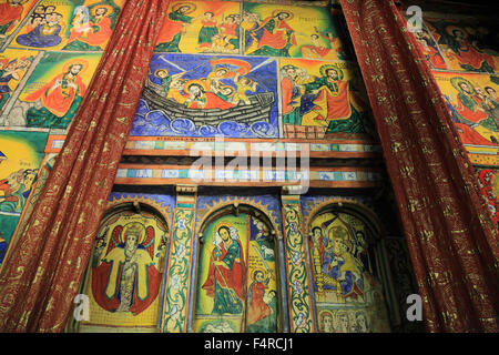 Region Amhara, runde Kirche Azoa Mariam auf der Halbinsel Zeghie in Tana-See, Tsanalake oder Dembealake, Wand-Gemälde Stockfoto