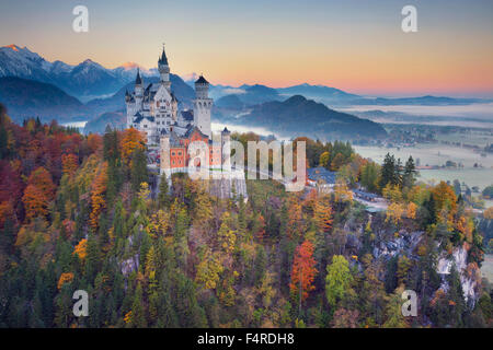 Schloss Neuschwanstein, Deutschland.  Blick auf Schloss Neuschwanstein in der herbstlichen Dämmerung. Stockfoto