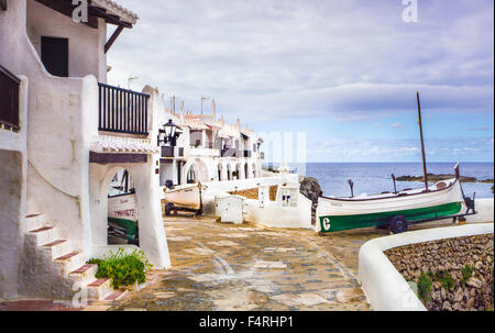 Balearen, Binibeca, Fischerdorf, Menorca, Insel, alte Binibeca, Spanien, Europa, Frühling, arch, Architektur, Boot, kein Stockfoto