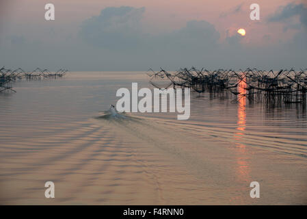 Thailand, Asien, Phatthalung, Ufer, betrieben Aufzug Net, Angler, Boot, Angeln, Netze, Sonne, Sonnenaufgang Stockfoto