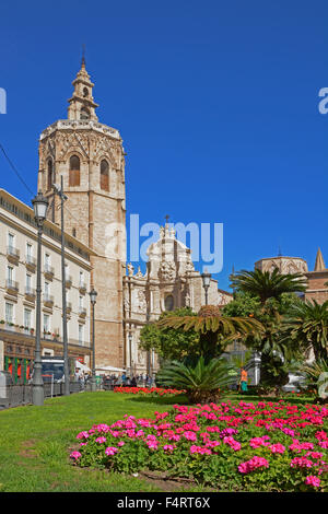 Plaza De La Reina mit Iglesia de Santa Catalina, die Kirche der Heiligen Catalina mit Glockenturm. Valencia. Spanien Stockfoto