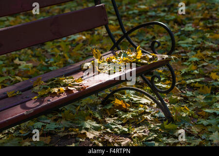 Gartenbank mit Laub im Herbst Park bedeckt. Niemand um ihn herum. Goldener Herbst oder Indian Summer-Saison. Stockfoto