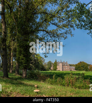 Niederlande, Holland, Varsseveld, Gelderland, Slangenburgh Burg, Schloss, Feld, Wiese, Bäume, Herbst, Pilze, Stockfoto