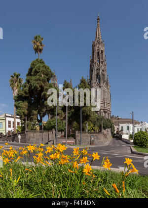 Spanien, Europa, Arucas, Gran Canaria, Kanarische Inseln, Park, Parroquia de San Juan Bautista, Kirche, Kloster, Blumen, Bäume, Su Stockfoto