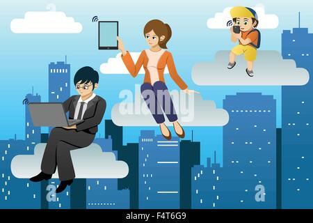 Eine Vektor-Illustration von Menschen mit anderen mobilen Gerät in Wolken computing-Umgebung Stock Vektor