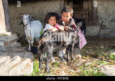 2 Kinder vor Ort kümmert sich um ihre Ziegen Stockfoto