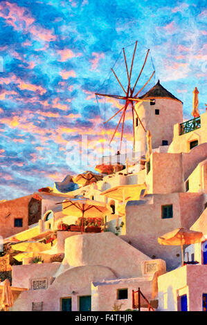 Ein digitales Gemälde eines der traditionellen Windmühlen von Oia auf der griechischen Paradies Insel Santorini. Stockfoto