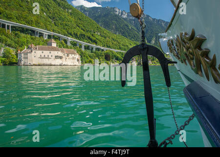 Dampfschiff auf See Genf VD in der Nähe von Schloss Chillon, Stockfoto