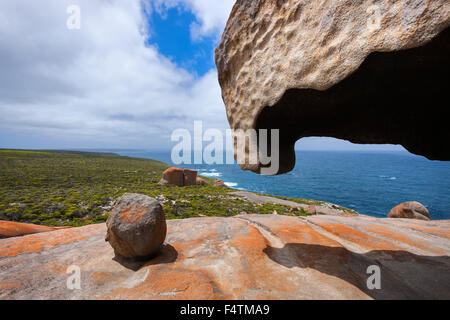 Bemerkenswerte Rock, Australien, Süd-Australien, Kangaroo Island, Flinders Chase Nationalpark, Felsen, Klippe, Flechten Stockfoto