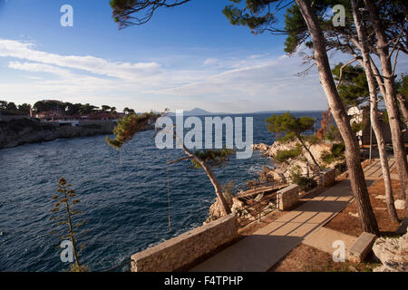 Blick auf die Hafeneinfahrt von Veli Losinj, Insel Cres, Kroatien Stockfoto