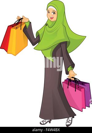 Qualitativ hochwertige muslimische Frau hält eine Einkaufstasche tragen grüne Schleier-Cartoon-Charakter-Vektor-Illustration Stock Vektor
