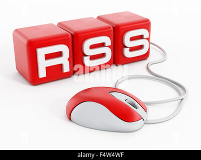 Rote Würfel mit RSS Buchstaben verbunden mit Computer-Maus isoliert auf weißem Hintergrund Stockfoto