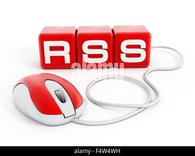 Rote Würfel mit RSS Buchstaben verbunden mit Computer-Maus isoliert auf weißem Hintergrund Stockfoto