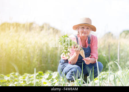 Lächelnde senior Porträt Frau Karotten im sonnigen Garten zu ernten Stockfoto