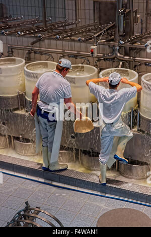 GRUYERE, Schweiz - 31. Dezember 2014: Käser bei der Arbeit während der Verarbeitung der legendären Greyerzer Käse Stockfoto