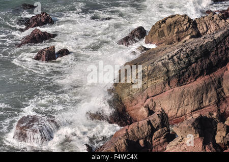 Wellen schlagen auf Sandsteinfelsen in St. Annes Head in Pembrokeshire, Wales. Stockfoto