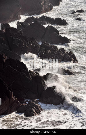 Energische Wellen schlagen auf Felsen in St. Annes Head in Pembrokeshire, Wales. Stockfoto