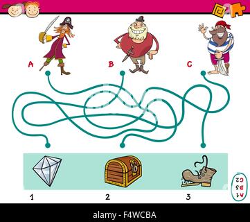 Cartoon-Illustration Bildung Pfade oder Labyrinth-Puzzle-Spiel für Kinder im Vorschulalter mit Piraten Stock Vektor