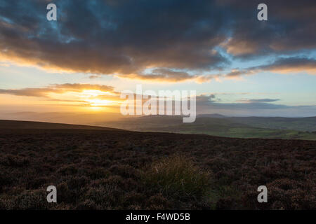 Sonnenuntergang über Mid-Wales gesehen vom Heidekraut bekleideten Plateau von Long Mynd, in der Nähe von Kirche Stretton, Shropshire, UK Stockfoto
