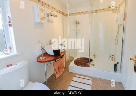 En-Suite mit modernen Waschbecken und Dusche Stockfoto