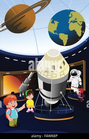 Eine Vektor-Illustration der glückliche Kinder auf Exkursion in ein planetarium Stock Vektor