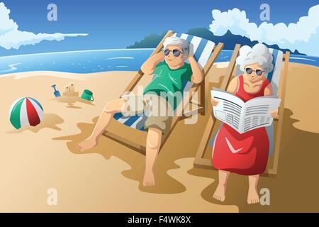 Eine Vektor-Illustration von glücklichen senior paar genießen ihren Ruhestand am Strand Stock Vektor