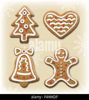 Satz von Lebkuchen Weihnachtsgebäck auf Beige Stock Vektor