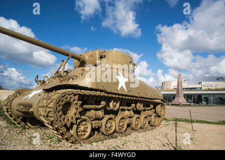 Amerikanischen M4 Sherman tank, Musée du Débarquement Utah Beach, zweiten Weltkrieg Museum in Sainte-Marie-du-Mont, Normandie, Frankreich Stockfoto