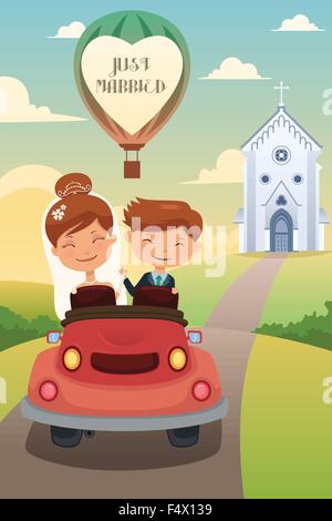 Eine Vektor-Illustration der glückliche Braut und Bräutigam Reiten Auto nach ihrer Trauung Stock Vektor
